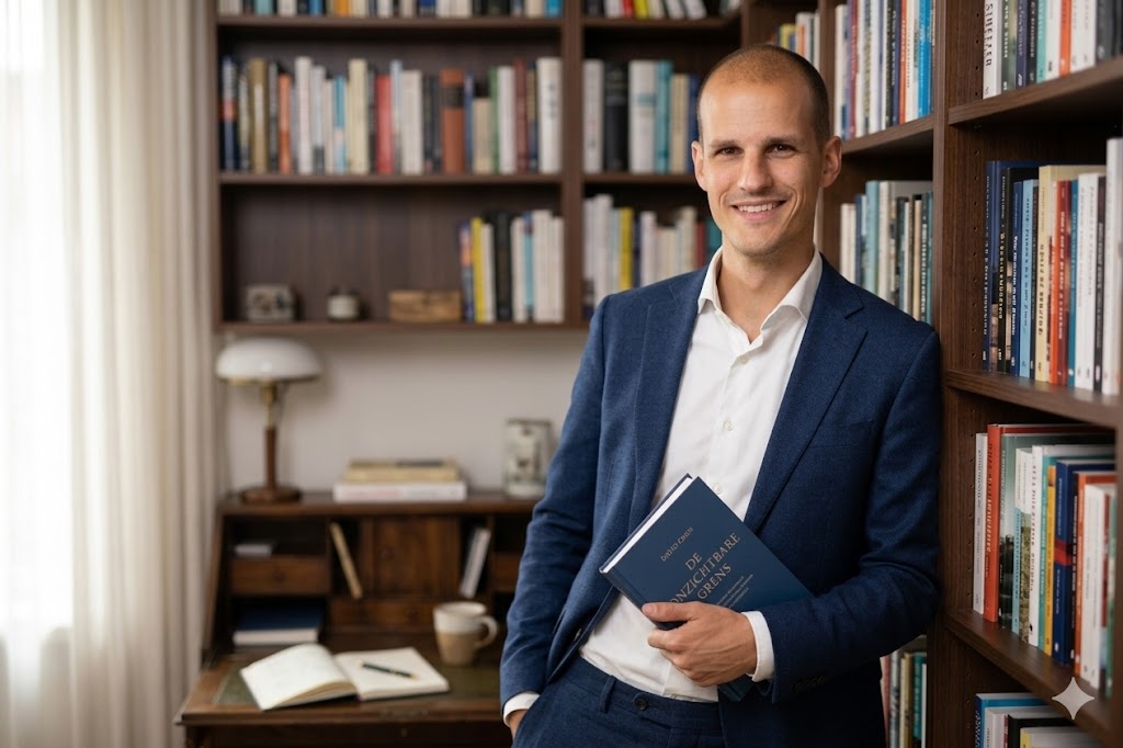 Miguel Driessen in zijn studeerkamer met zijn roman